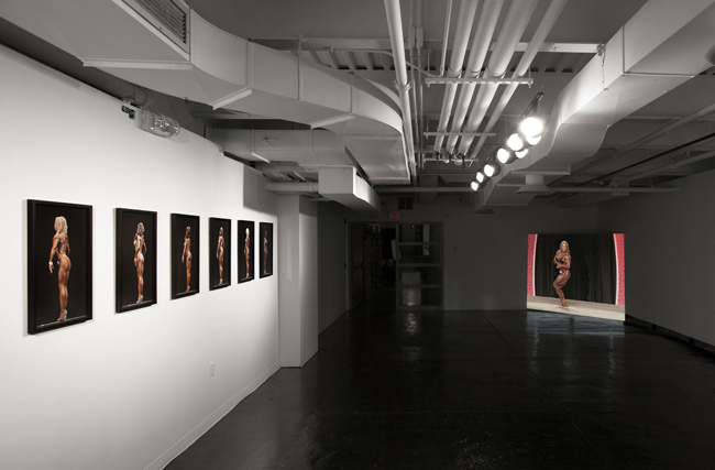 Bodybuilder Studies (IFBB/NY Metropolitan Competition)", 2010, photo series, & "Bodybuilder Studies (Ms Olympia Competition)", 2014, video installation (as installed at CEPA Gallery, 2015)