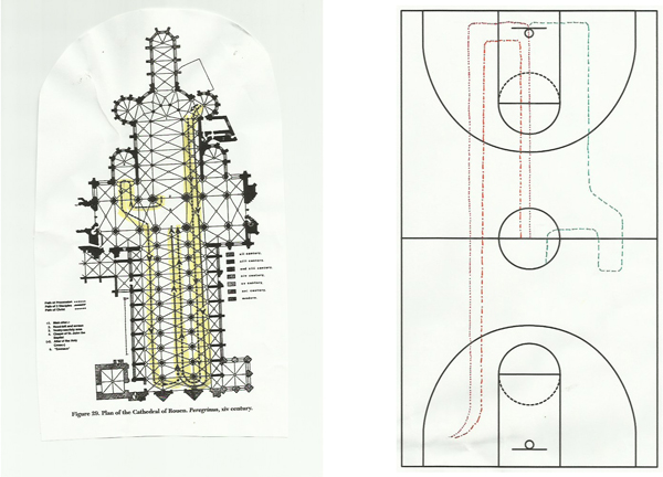 Left: Plan of the original Peregrinus processional in the Cathedral of Rouen, Rouen, France. Research image. Right: Peregrinus processional path mapped onto diagram of a basketball court.  Research image.