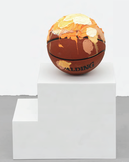 LO HELLO FROM, detail  2014 oil and alkyd on paper, basketball, pedestal  painting 62 x 40 inches (158 x 102 cm)  framed 67 x 45 inches (170 x 114 cm) pedestal with basketball 20 x 14 x 12.5 inches (50 x 36 x 32 cm) 