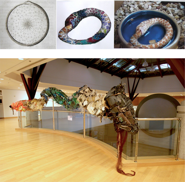 Post-Ouroboros (death by plastic) - 2014-2015, vagrant ocean plastic from Kefalonia, steel wire and mesh constructed by Pam Longobardi, Susan Knippenberg, Lauren Peterson, Krista Clark, Tori Tinsley, and Wesley Terpstra.