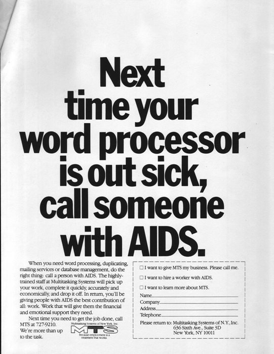 Advertisement for MTS Systems, ca. late 1980s/early 1990s. Image Courtesy The John J. Wilcox Jr. LGBT Archives at the William Way Community Center.