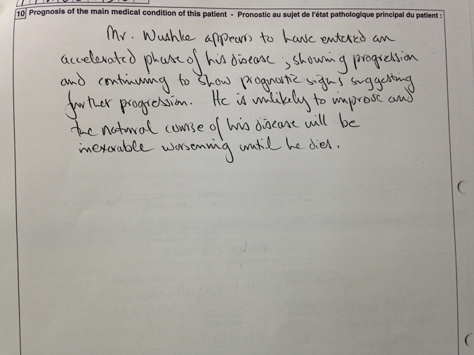 Dr. Williams’s hand written prognosis of Ralph Wushke for the Canada Pension Plan, Medical Report, 18 July 1995. 