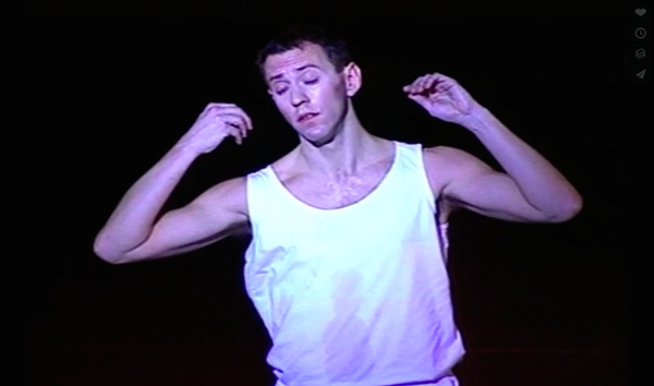 Screenshot from recording of Not-About-AIDS Dance, 1994. Image courtesy of Neil Greenberg and the Jerome Robbins Archive of the Recorded Moving Image of the Dance Collection of the NYPL.