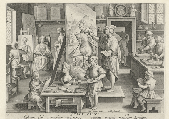 Figure 1. Jan van der Straet, La Bottega del Pittore, c. 1593-8. Engraving by Philps Galle, paper, 19.5 x 27 cm. Rijksmuseum, Amsterdam.