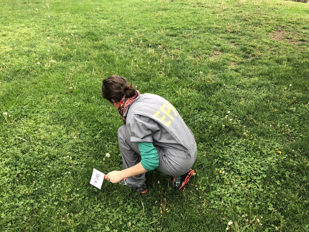 IMAGE 8: Contemplating the past, present, and future of white clover and other “turf weeds” during the Environmental Performance Agency’s workshop “Plant Talk, Human Talk: An EPA Training for the Beginning of the World” at the New York Hall of Science, May 2018 (image courtesy the Environmental Performance Agency)