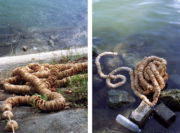 Pat Badani, Borderlines with Snake, 1997, Staged photography, bread-bowls, rope. Image courtesy Pat Badani.