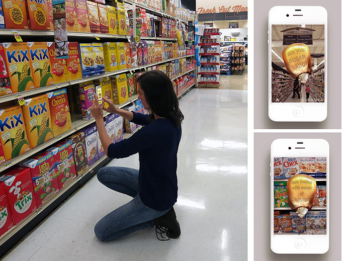 Pat Badani, AL GRANO: Augmented Cereals, 2016, Intervention in a supermarket using an Augmented Reality app for smartphones & tablets (AURASMA). Image courtesy Pat Badani.