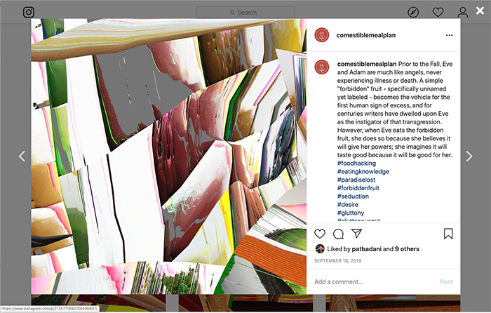Pat Badani, @Comestiblemealplan, 2019, Screenshot of the interactive Instagram platform. Image courtesy Pat Badani.