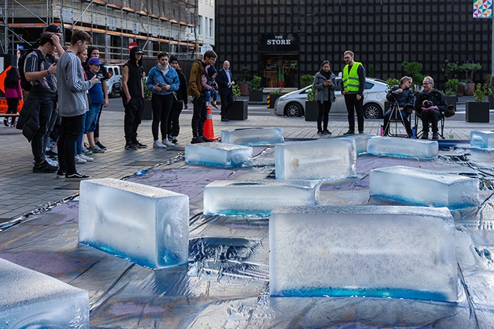 Negative Mass, (2019), Cyanotype photogram on cotton and ice, Takutai Square, Britomart, Auckland, 10 -13 July.
