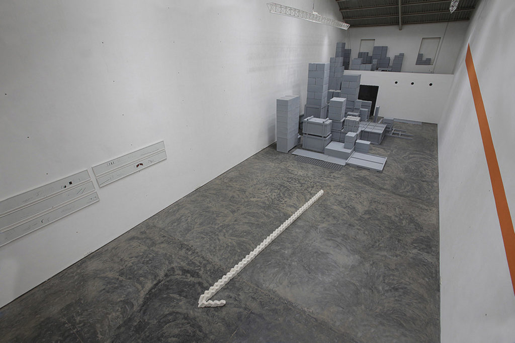 Avantika Bawa, Mathesis: dub, dub, dub, cardboard boxes, crates, paint, bricks, metal sheets, and video projection, 80’x45’x20’, 2009