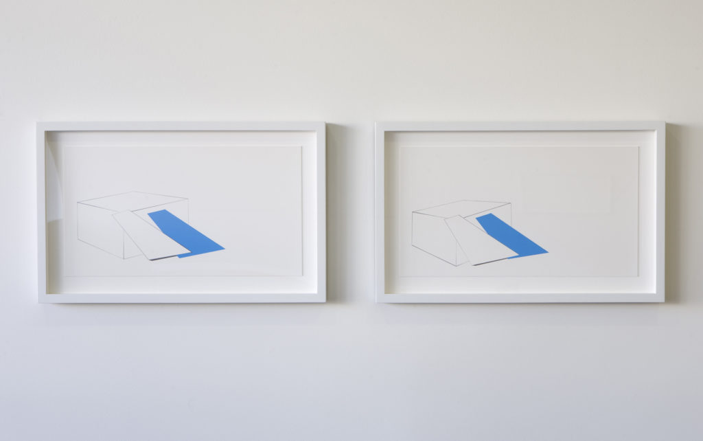 Avantika Bawa, Two Blue Drawings, Perfect Distortions at SALTWORKS, graphite and acrylic on paper, 18”x21”, 2008