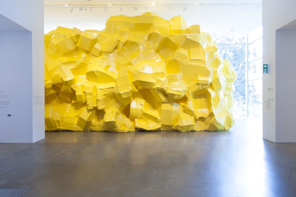 Big Yellow, 2012, Asia Pacific Triennial, Queensland Art Gallery Gallery of Modern Art, Brisbane. Cardboard, masking tape, paint. Image courtesy of the artist and Queensland Art Gallery Gallery of Modern Art. 