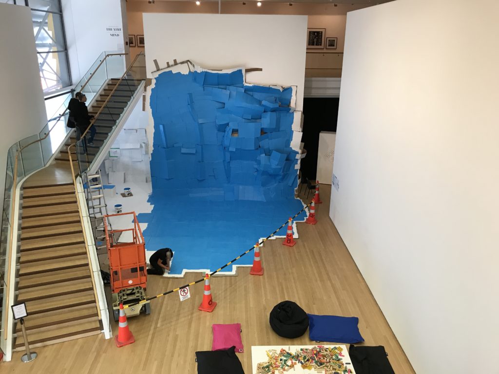 Blue Structure, Tauranga Art Gallery, 2017, Cardboard, masking tape, paint. Image courtesy of the artist and Tauranga Art Gallery. 