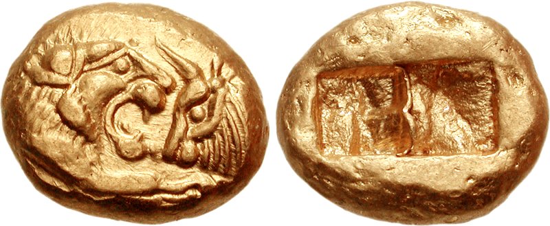 Photograph of a Lydian Stater, minted circa 500 BCE, photo courtesy of the Classical Numismatic Group, Inc, https://www.cngcoins.com/