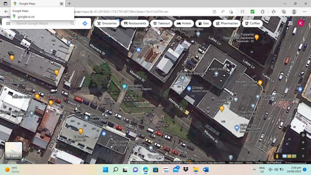 Google Maps, Te Aro Park/Te Waimapihi, Wellington, accessed June 2022.